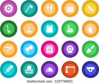 Round color solid flat icon set - barrier vector, washer, gear, trowel, rake, pruner, axe, garden sprayer, thermometer, microphone, radio phone, rca, paper tray, heater, dish, ladle, rolling pin