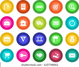 Round color solid flat icon set - film frame vector, house, mailbox, water supply, garage, rooms, key, bathroom, moving, air conditioner, target, handshake, money bag, clock, pennon, search, cart