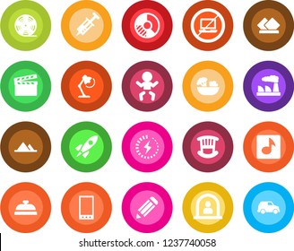Round color solid flat icon set - no laptop vector, baby, reception, factory, pencil, circle chart, syringe, clapboard, reel, mobile, music, charge, desk lamp, mountains, children room, salad, car