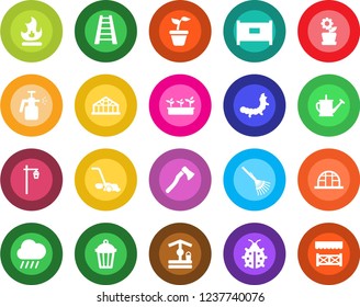 Round color solid flat icon set - fence vector, rake, ladder, seedling, watering can, lawn mower, lady bug, fire, rain, well, axe, garden light, greenhouse, caterpillar, sprayer, flower in pot