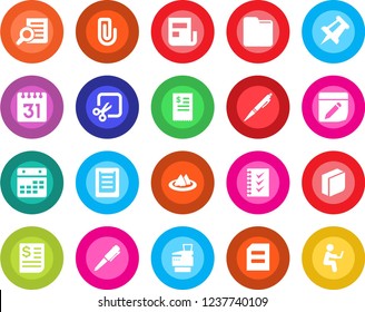 Round color solid flat icon set - document search vector, pen, drawing pin, receipt, clipboard, folder, calendar, notes, cut, paper clip, news, blank box, checklist, copier, serviette, restaurant