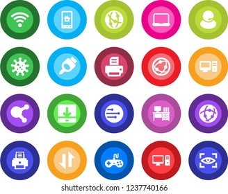 Round color solid flat icon set - desk vector, printer, virus, support, gamepad, network, share, hdmi, data exchange, download, wireless, notebook pc, home control app, eye scan