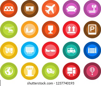 Round color solid flat icon set - plane vector, airport tower, taxi, parking, waiting area, helicopter, ambulance car, earth, sea shipping, truck trailer, container, consolidated cargo, fragile