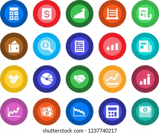 Round color solid flat icon set - growth statistic vector, calculator, abacus, cash, receipt, news, pie graph, point, handshake, arrow up, wallet, crisis, money search