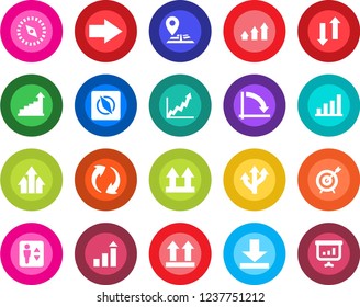 Round color solid flat icon set - elevator vector, right arrow, growth statistic, crisis graph, route, navigation, up side sign, update, data exchange, download, compass, bar, target, presentation