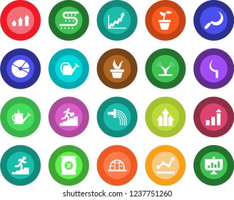 Round color solid flat icon set - growth statistic vector, seedling, watering can, sickle, greenhouse, fertilizer, drip irrigation, pie graph, point, career ladder, arrow up, presentation