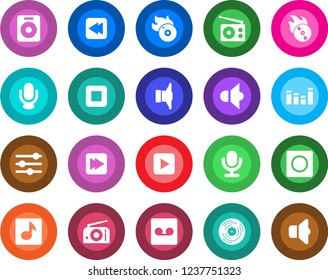 Round color solid flat icon set - vinyl vector, flame disk, radio, speaker, equalizer, microphone, play button, stop, fast forward, rewind, tuning, record, music, sound