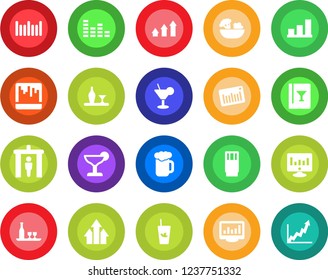 Round color solid flat icon set - security gate vector, statistic monitor, barcode, equalizer, scanner, statistics, bar graph, alcohol, wine card, drink, cocktail, phyto, beer, salad, arrow up