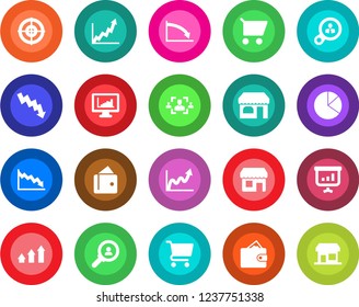 Round color solid flat icon set - shop vector, crisis graph, monitor statistics, pie, hr, target, consumer search, arrow up, wallet, growth, cart, presentation, storefront