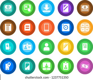 Round color solid flat icon set - mobile phone vector, identity card, document, cash, tracking, cell, camera, user, download, application, restaurant receipt, home control app