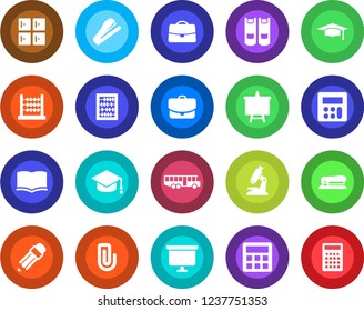 Round color solid flat icon set - airport bus vector, checkroom, book, graduate, abacus, presentation board, microscope, calculator, case, paper clip, pencil, stapler