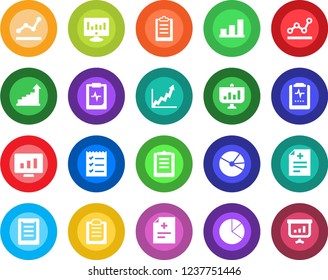 Round color solid flat icon set - growth statistic vector, monitor, diagnosis, pulse clipboard, bar graph, pie, checklist, point, presentation