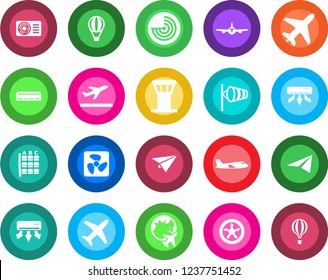 Round color solid flat icon set - plane vector, airport tower, departure, wind, radar, seat map, globe, air conditioner, fan, paper, balloon