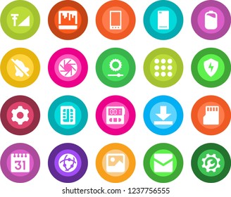 Round color solid flat icon set - mobile vector, phone back, menu, camera, gallery, protect, settings, stopwatch, mail, scanner, sd, sim, network, calendar, download, mute, brightness, battery