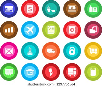 Round color solid flat icon set - plane vector, cash, office phone, truck trailer, car delivery, term, receipt, sea port, container, consolidated cargo, folder document, tulip, warehouse, sorting