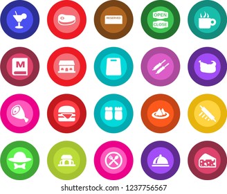 Round color solid flat icon set - dish vector, serviette, cafe, menu, reserved, cocktail, coffee, salt and pepper, building, dress code, open close, chicken, steak, kebab, ham, hamburger, cheese