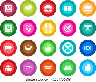 Round color solid flat icon set - spoon and fork vector, picnic table, cafe, menu, salad, salt pepper, steak, hamburger, bowl, sushi, apple fruit