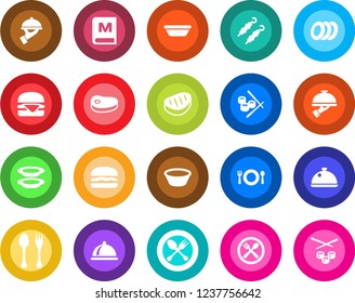 Round color solid flat icon set - spoon and fork vector, dish, cafe, menu, plates, waiter, steak, kebab, hamburger, bowl, sushi