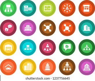 Round color solid flat icon set - hierarchy vector, well, molecule, hospital, office building, garage, plan, home message