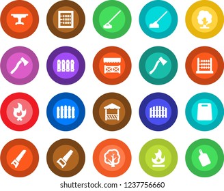 Round color solid flat icon set - fence vector, tree, saw, fire, hoe, axe, abacus, table, alcove, cutting board