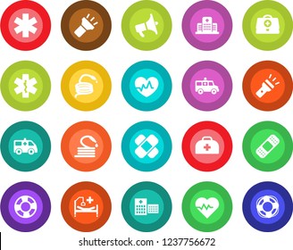 Round color solid flat icon set - hose vector, heart pulse, doctor case, patch, ambulance star, car, hospital bed, loudspeaker, torch, crisis management