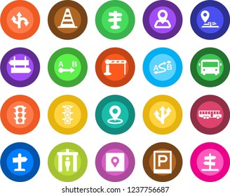 Round color solid flat icon set - airport bus vector, parking, barrier, security gate, signpost, border cone, route, navigation, traffic light, place tag, guidepost