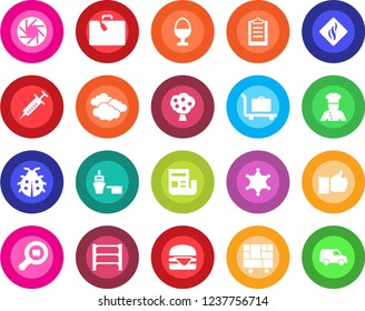 Round color solid flat icon set - suitcase vector, baggage trolley, clouds, lady bug, syringe, sea port, consolidated cargo, search, rack, finger up, mobile camera, clipboard, news, fruit tree, cook