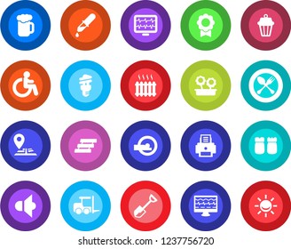 Round color solid flat icon set - spoon and fork vector, disabled, loader, shovel, monitor pulse, dropper, tomography, navigation, speaker, sertificate, printer, paper tray, heater, flower in pot