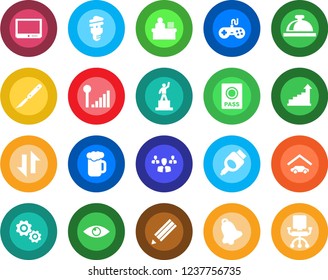 Round color solid flat icon set - reception bell vector, passport, growth statistic, pedestal, scalpel, eye, gamepad, tv, hdmi, data exchange, cellular signal, manager desk, pencil, garage, beer
