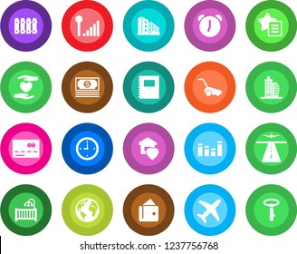 Round color solid flat icon set - runway vector, credit card, lawn mower, heart hand, earth, plane, cash, equalizer, favorites list, alarm, cellular signal, copybook, clock, fence, office building
