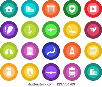 Round color solid flat icon set - train vector, plane, tree, lawn mower, sickle, heart shield, lungs, play button, office building, tie, sweet home, city house, smoke detector, jalousie, fridge