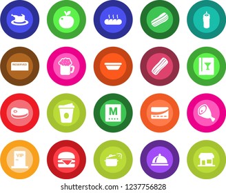 Round color solid flat icon set - coffee vector, dish, wine card, menu, reserved, beer, bacon, bread, candle, vip zone, credit, chicken, steak, ham, hamburger, bowl, steaming pan, apple fruit