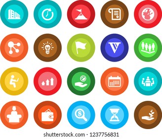 Round color solid flat icon set - reception vector, team, meeting, office building, arrow up graph, motivation, wallet, clock, pennon, earth, money search, investment, idea, calendar, flag, contract