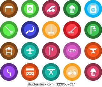 Round color solid flat icon set - ladder car vector, rake, sickle, garden light, picnic table, fertilizer, bike, restaurant, alcove, outdoor lamp