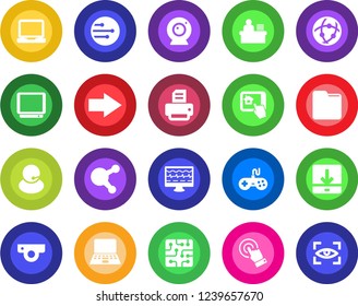 Round color solid flat icon set - right arrow vector, notebook pc, printer, monitor pulse, support, gamepad, tv, touch screen, laptop, share, network, folder, download, manager desk, chip, eye scan