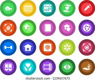 Round color solid flat icon set - book vector, syringe, barbell, heart hand, film frame, favorites list, network, calendar, eye id, fingerprint, copybook, house with garage, sweet home, smart