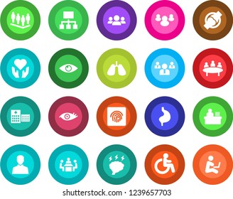 Round color solid flat icon set - disabled vector, team, brainstorm, meeting, heart hand, stomach, lungs, eye, joint, hospital, group, user, fingerprint id, manager desk, hierarchy