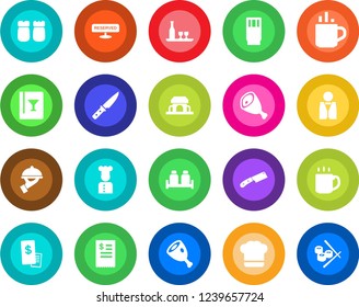 Round color solid flat icon set - hot cup vector, coffee, waiter, cook, alcohol, hat, wine card, reserved, drink, salt and pepper, cafe building, restaurant receipt, ham, knife, sushi