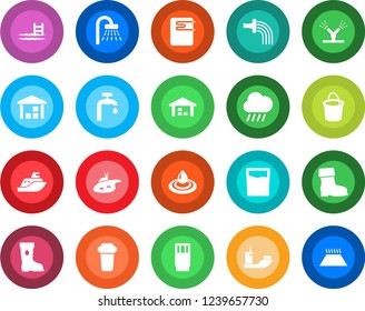 Round color solid flat icon set - shower vector, bucket, watering, boot, rain, sea shipping, warehouse, pond, pool, water supply, drink, irrigation, heater, filter, warm floor