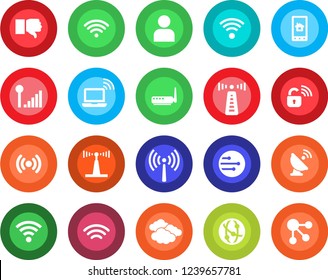 Round color solid flat icon set - antenna vector, wireless notebook, clouds, satellite, network, finger down, user, cellular signal, lock, router, home control app, social media