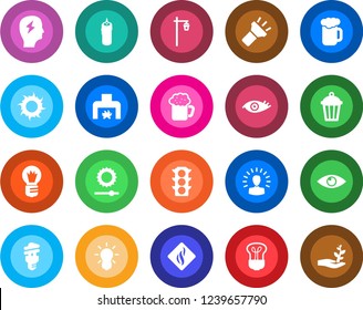 Round color solid flat icon set - brainstorm vector, bulb, sun, garden light, eye, traffic, torch, brightness, fireplace, beer, candle, smoke detector, energy saving, shining head, palm sproute