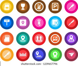 Round color solid flat icon set - parking vector, no mobile, laptop, pen, plant label, navigation, fragile, up side sign, hook, barcode, sd, place tag, sertificate, paper plane