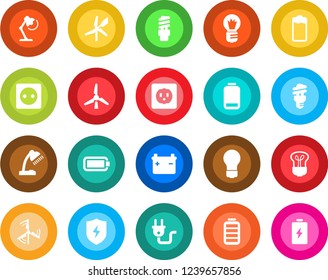Round color solid flat icon set - bulb vector, battery, low, protect, desk lamp, windmill, socket, power plug, energy saving