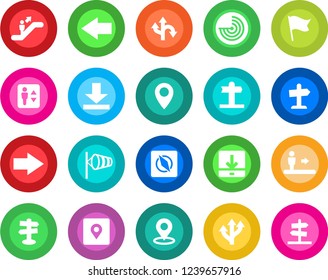 Round color solid flat icon set - elevator vector, escalator, right arrow, left, wind, radar, route, signpost, pin, download, place tag, compass, flag, guidepost