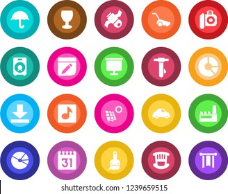 Round color solid flat icon set - tie vector, circle chart, lawn mower, satellite, car delivery, fragile, umbrella, camera, speaker, themes, calendar, notes, download, music, presentation board