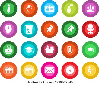 Round color solid flat icon set - trash bin vector, speaking man, mail, identity card, pedestal, graduate, tie, brainstorm, manager place, calendar, printer, paper pin, clock, drawing, clip