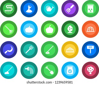 Round color solid flat icon set - job vector, garden fork, farm, rake, watering can, sproute, hoe, sickle, plant label, pumpkin, greenhouse, seeds, fertilizer, drip irrigation, fruit tree
