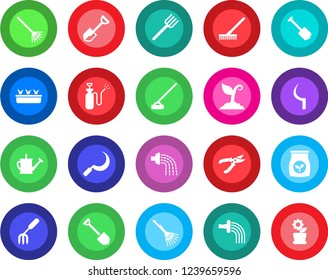 Round color solid flat icon set - job vector, garden fork, shovel, farm, rake, watering can, sproute, pruner, seedling, hoe, sickle, sprayer, fertilizer, flower in pot