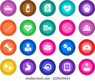 Round color solid flat icon set - heart pulse vector, doctor case, diagnosis, stethoscope, pills, ampoule, scalpel, tomography, ambulance car, stomach, broken bone, clipboard, hospital