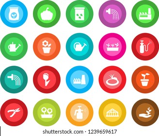 Round color solid flat icon set - flower in pot vector, seedling, watering can, pruner, pumpkin, greenhouse, seeds, pond, garden sprayer, fertilizer, tulip, factory, palm sproute